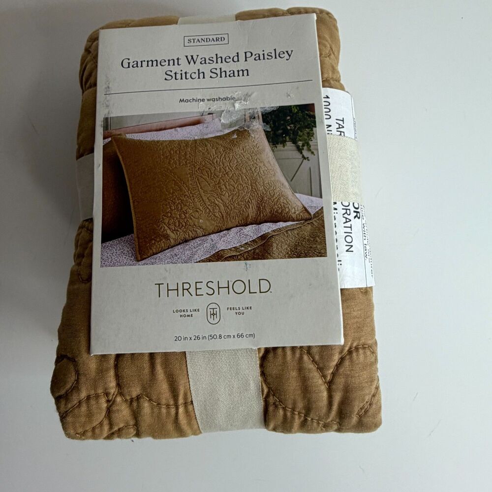 Beige Threshold Garment Washed Paisley Stitch Standard Pillow Sham 20x26 NWT